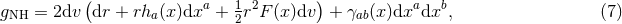 ( ) gNH = 2dv dr + rha(x )dxa + 1r2F (x)dv + γab(x)dxadxb, (7 ) 2